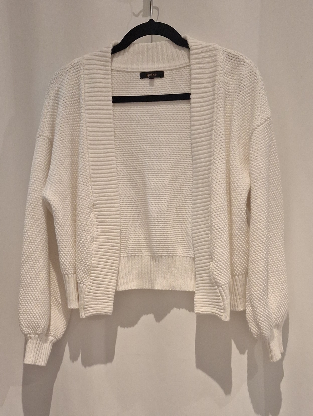Quince Organic Cotton Waffle Stitch Ivory Open-Front Knit Cardigan Sweater